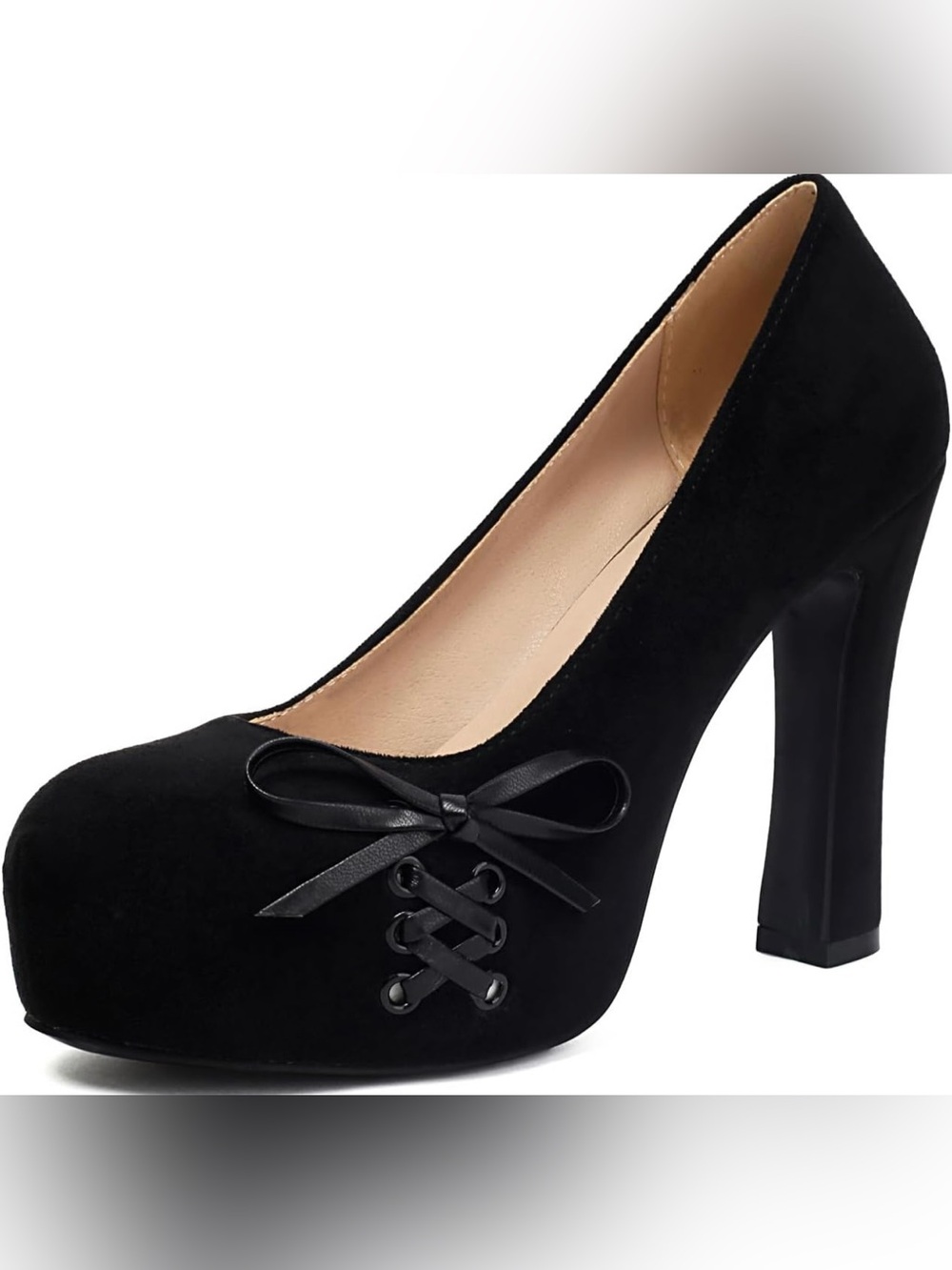 Black Suede High Block Heel Pump with Decorative Ribbon - Women's Heels New